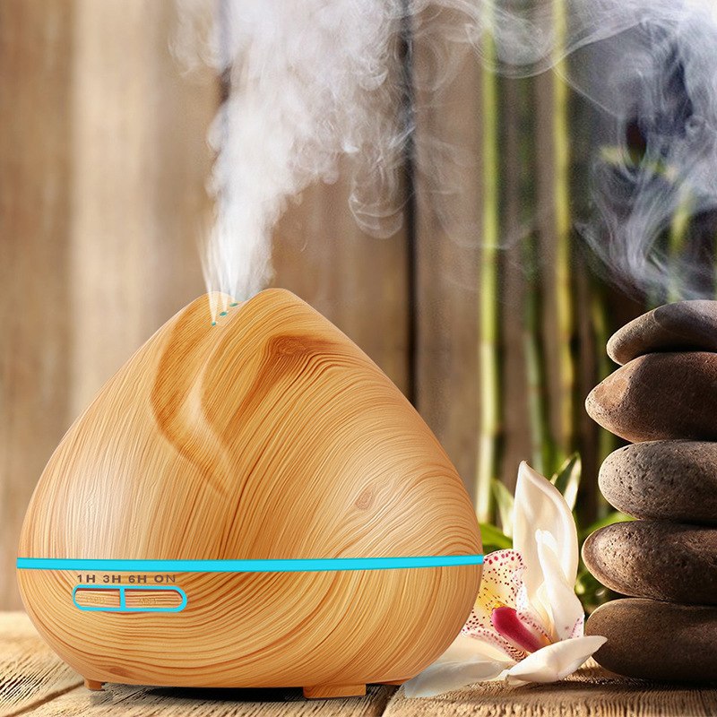 400ml Ultrasonic Air Humidifier with Wood Grain 7 Color Changing LED Light