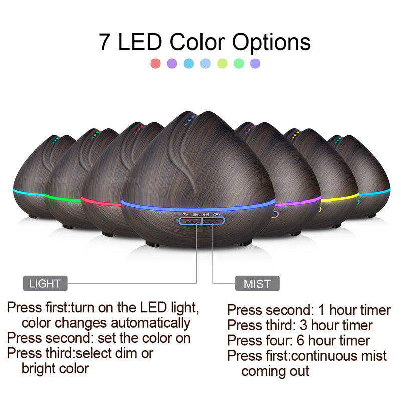 400ml Ultrasonic Air Humidifier with Wood Grain 7 Color Changing LED Light