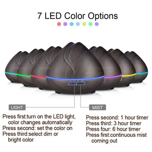 400ml Ultrasonic Air Humidifier with Wood Grain 7 Color Changing LED Light
