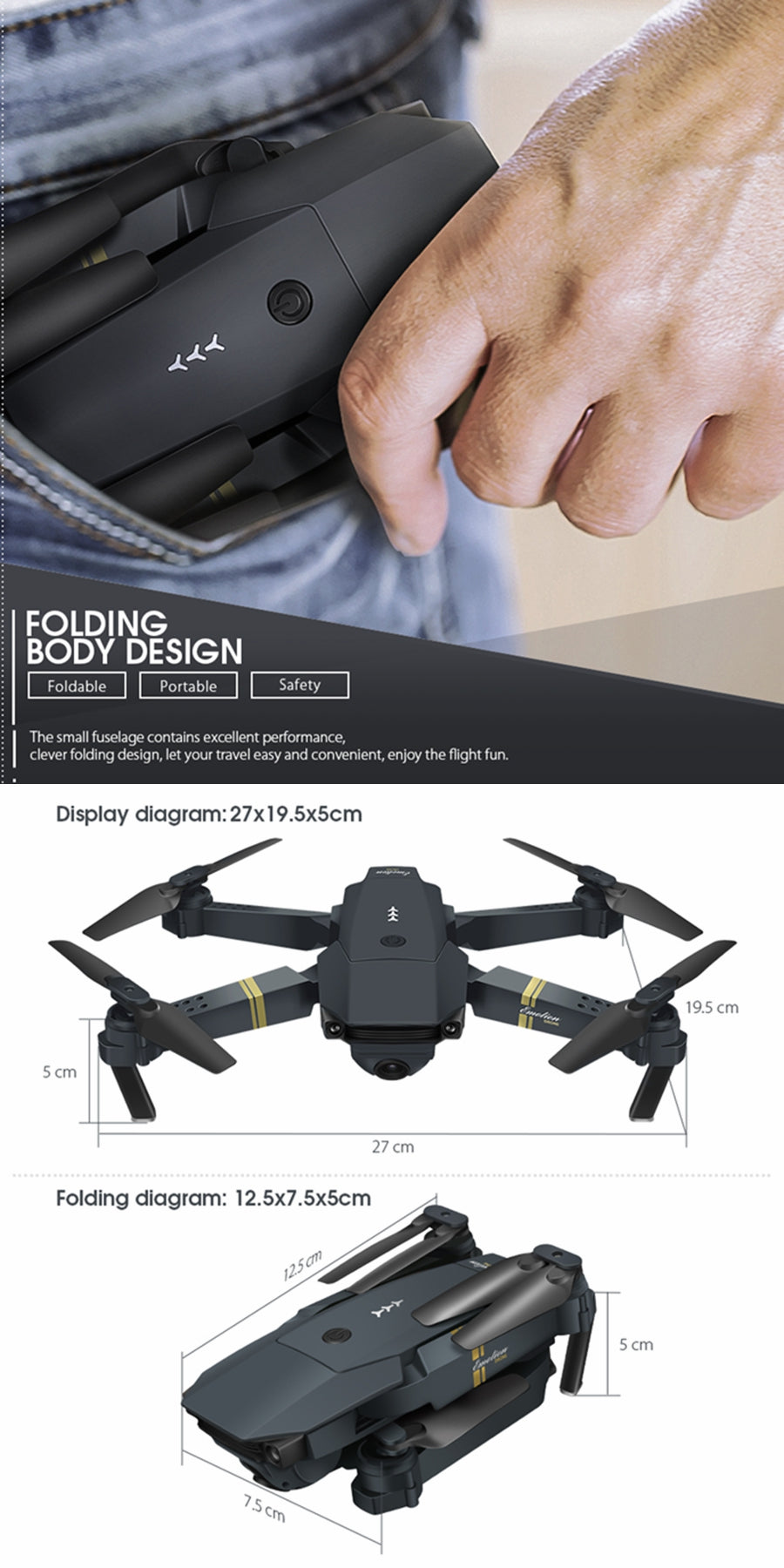 Mini WiFi Foldable Pocket Drone with Wide Angle  HD Camera